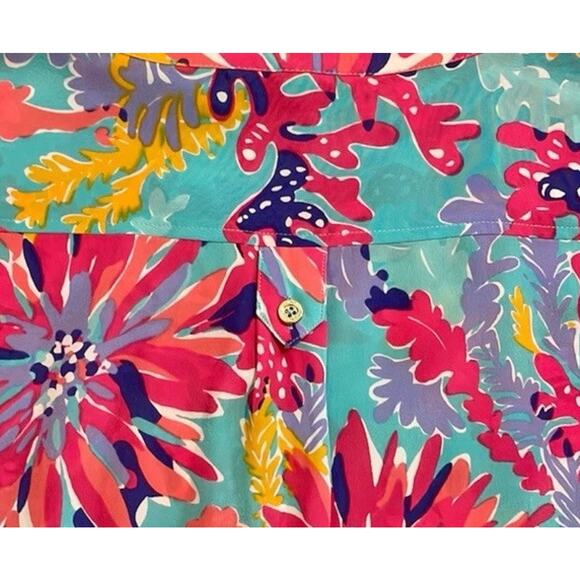 Lilly Pulitzer Delray Trippin & Sippin Silk Blouse Roll Tab Sleeve Resort wear L - Picture 2 of 16